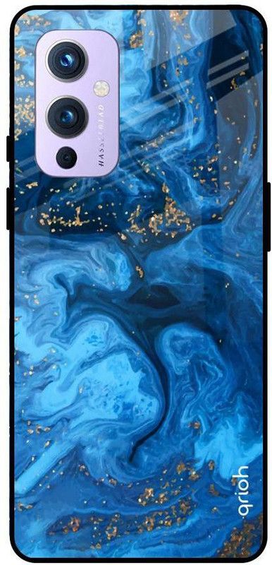 QRIOH Glass Back Cover for OnePlus 9  (Blue, Grip Case, Silicon, Pack of: 1)