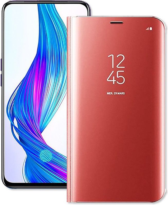 MARSHLAND Flip Cover for Realme X, Soft Silicon Luxury Clear View Standing Mirror Kickstand Rose gold  (Pink, Dual Protection, Pack of: 1)