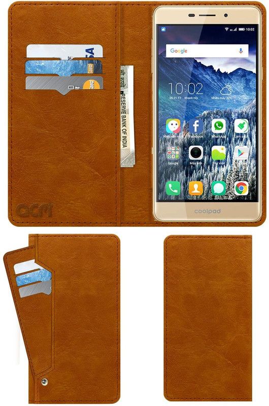 ACM Flip Cover for Coolpad Mega 2.5d  (Gold, Cases with Holder)