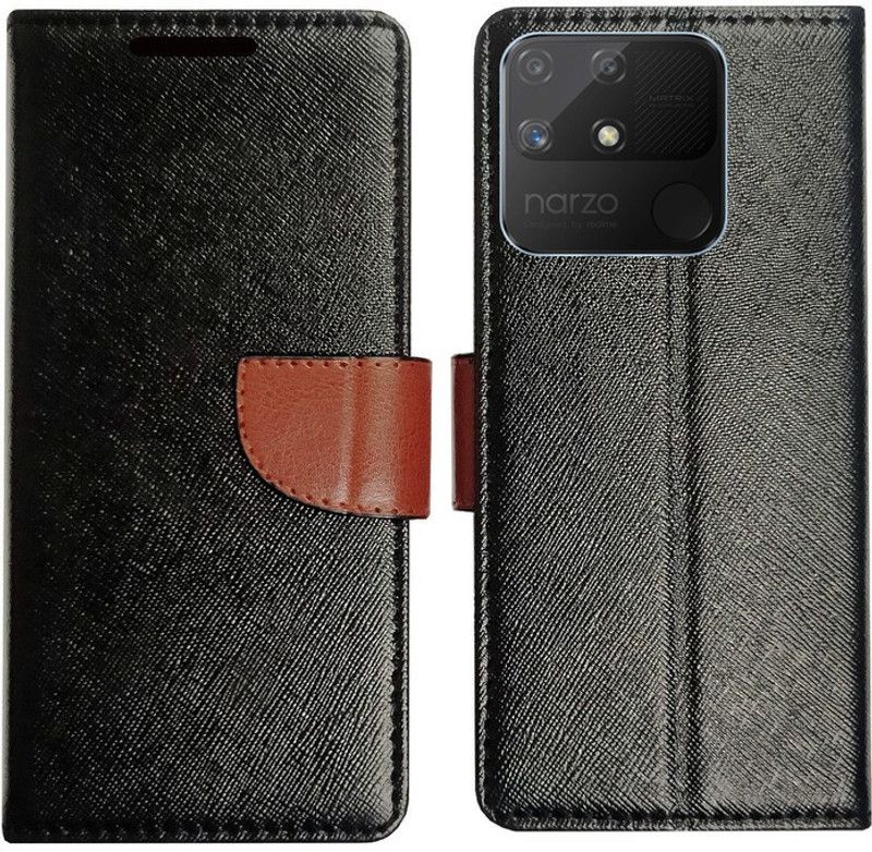 MyFlips Flip Cover for Realme Narzo 50A in Premium Quality Material  (Black, Magnetic Case, Pack of: 1)