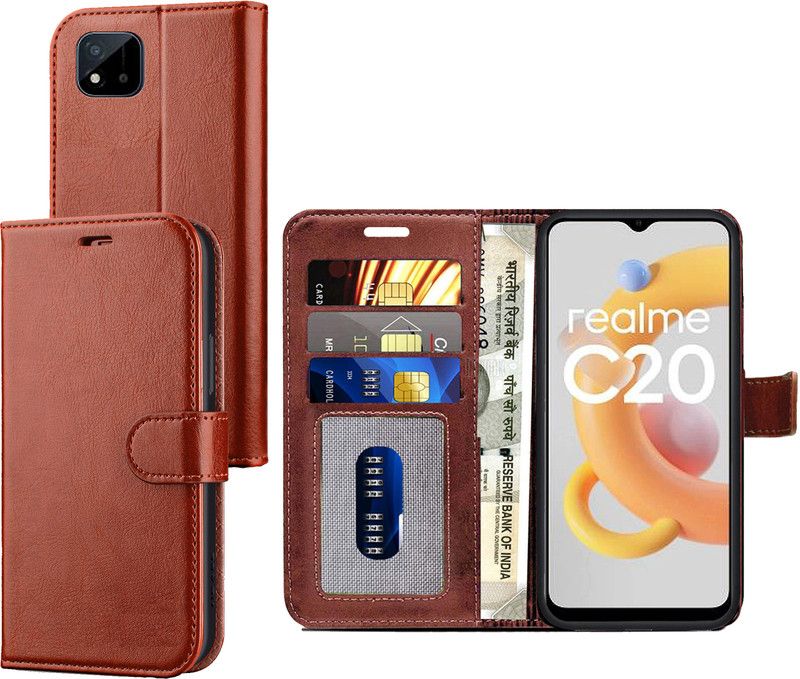 Digilett Wallet Case Cover for Realme C20  (Brown, Dual Protection, Pack of: 1)