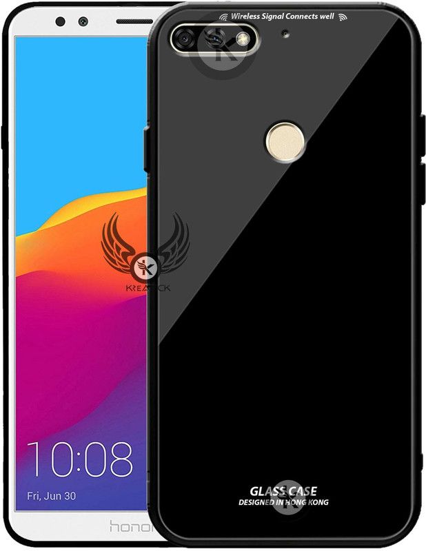 Kreatick Back Cover for Honor 7C, Luxurious 9H Toughened Glass Back Case Shockproof TPU Bumper  (Black, Dual Protection, Pack of: 1)
