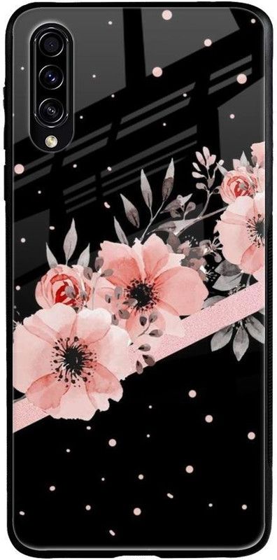 QRIOH Glass Back Cover for Samsung Galaxy A50s  (Black, Pink, Grip Case, Silicon, Pack of: 1)