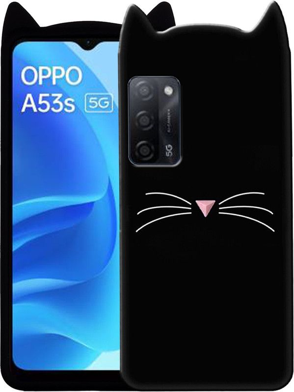 Rance Back Cover for Oppo A53s 5G - Ear Kitty Case | 3D Cute Mustache Kitty Doll | Cat Back Cover  (Black, Flexible, Silicon, Pack of: 1)