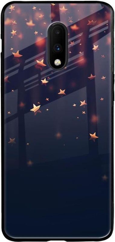 QRIOH Glass Back Cover for OnePlus 7  (Blue, Gold, Grip Case, Silicon, Pack of: 1)