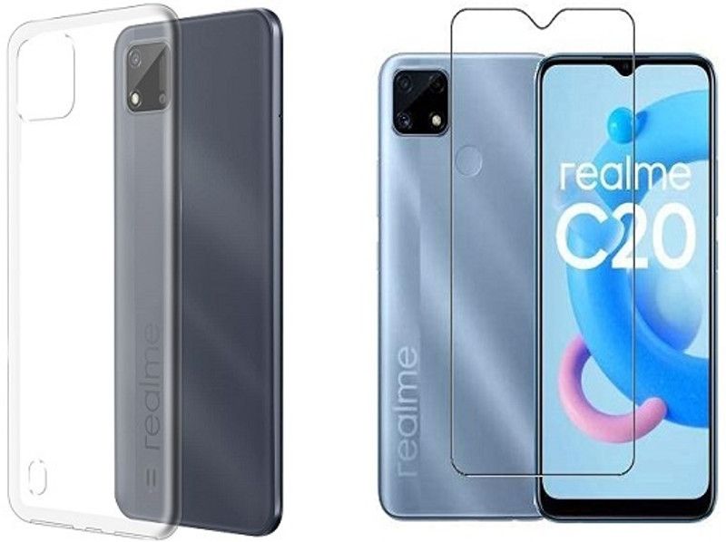 NIMMIKA ENTERPRISES Back Cover for Realme C20A Back Cover &amp; Tempered Glass  (Transparent, Shock Proof, Pack of: 1)