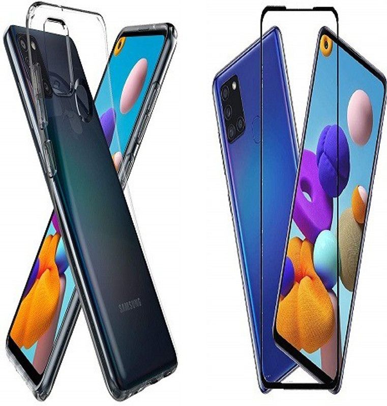 NIMMIKA ENTERPRISES Back Cover for SAMSUNG GALAXY A21S BACK COVER & TEMPERED GLASS 11D  (Transparent, Black, Shock Proof, Pack of: 1)