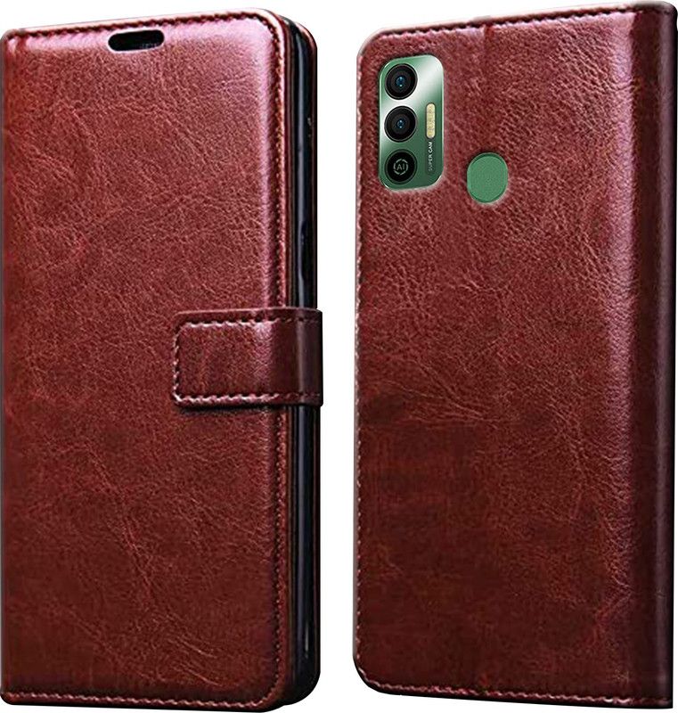 ELEF Flip Cover for Techno Spark 7|Inside TPU with Card Pockets|Wallet and Stand|Magnetic Closure  (Brown, Dual Protection, Pack of: 1)