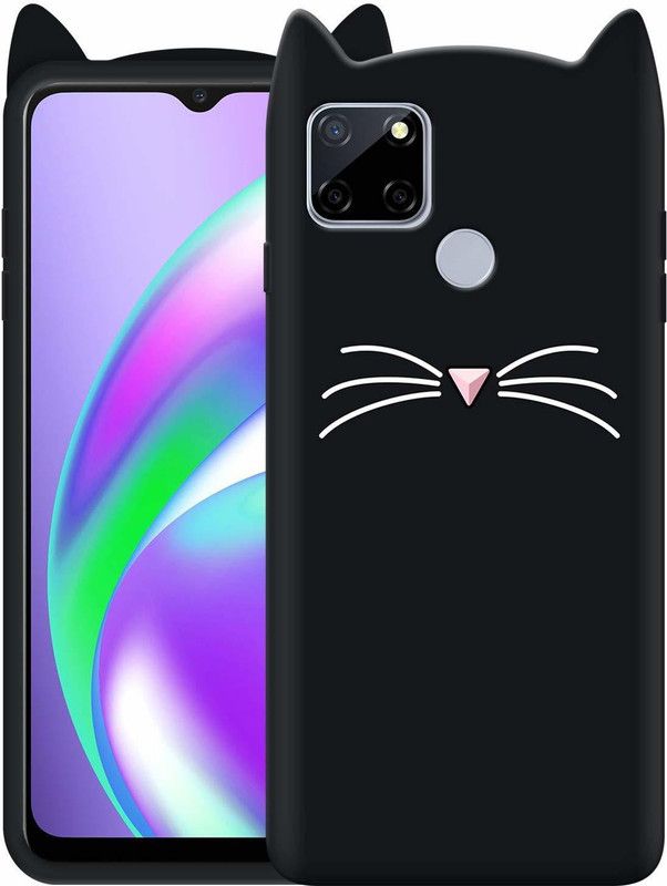 ELEF Back Cover for Realme C25 Ear Kitty Case 3D Cute Mustache Kitty Doll Soft Girls Cat Back Cover  (Black, Flexible, Pack of: 1)
