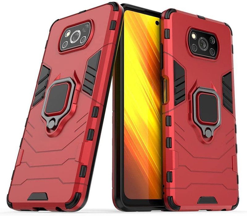 Casely Back Cover for Poco X3 Pro | D5 Tough Armor Bumper| Ring Holder Stand Case  (Red, Grip Case, Pack of: 1)