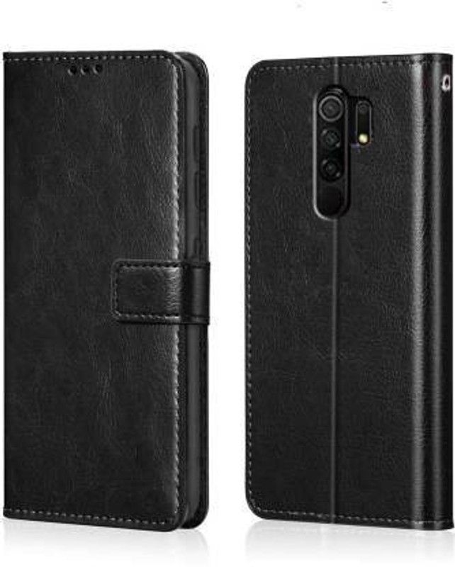 Luxury Counter Flip Cover for Redmi 9 Prime Premium Quality |Dual Stiched |Complete Protection| Back Cover  (Black, Dual Protection, Pack of: 1)