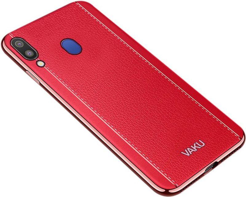Vaku Luxos Back Cover for Samsung Galaxy M20 Vertical Leather Stitched Gold Electroplated Soft TPU Back Case  (Red, Shock Proof, Pack of: 1)