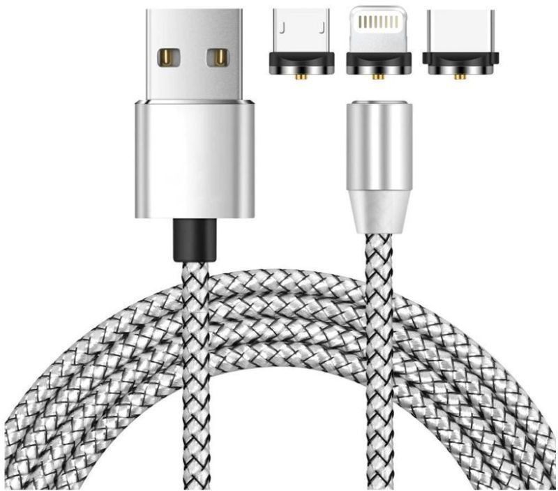 Nimble Magnetic Charging Cable 1 m USB Magnetic Charging Cable 3 in 1 Nylon Braided USB Fast Charging Cord Cable  (Compatible with Mobile, Silver, One Cable)