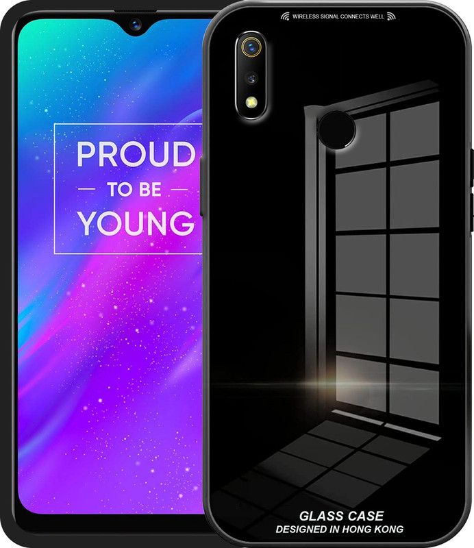 ELEF Back Cover for Realme 3 Luxurious 9H Toughened Mirror Glass Back Case Shockproof TPU Bumper  (Black, Rugged Armor)