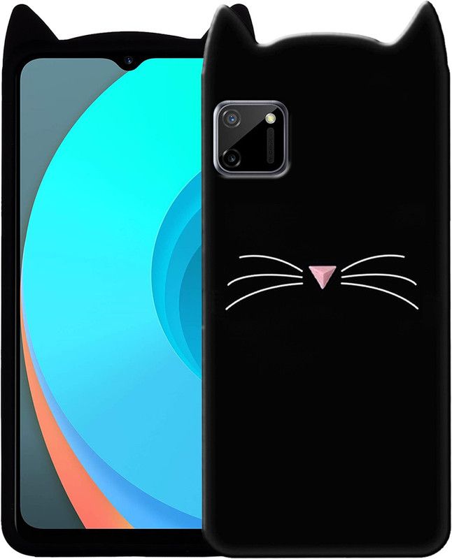 Rance Back Cover for Realme C11 - Ear Kitty Case | 3D Cute Mustache Kitty Doll | Cat Back Cover  (Black, Flexible, Silicon, Pack of: 1)