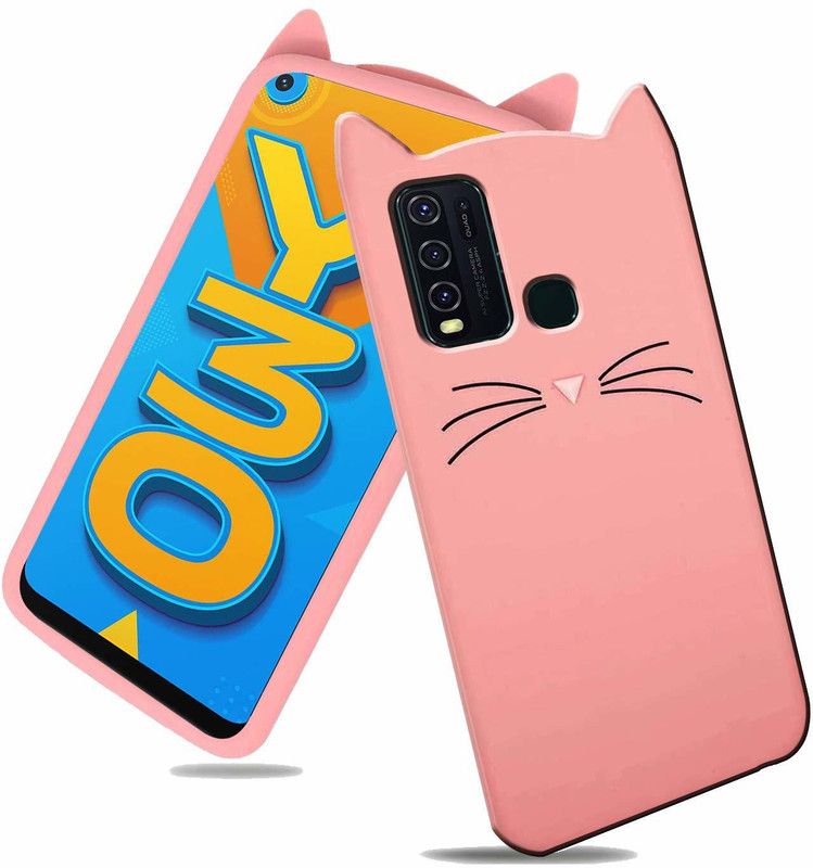 Rance Back Cover for Vivo Y30 - Ear Kitty Case | 3D Cute Doll | Soft Girl Back Cover with Pendant  (Pink, Flexible, Pack of: 1)