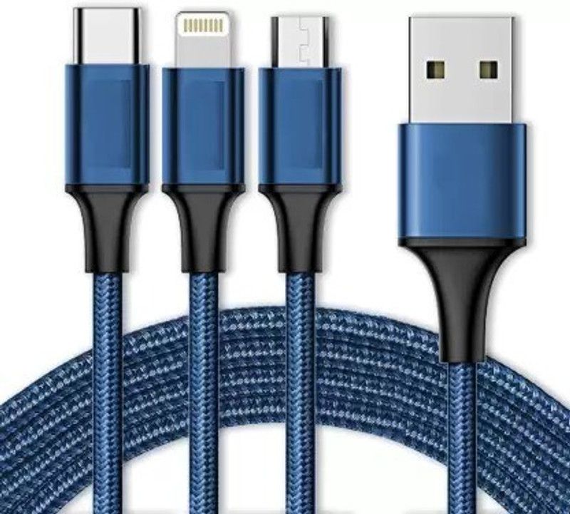 CREATION4U Micro USB Cable 1.5 m Type C Cable 3 in 1 Nylon Braided Multi Charging Cable  (Compatible with mobile, laptop, audio player, tablet, computer, Blue, One Cable)