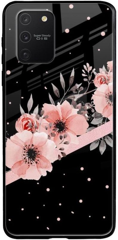 QRIOH Glass Back Cover for Samsung Galaxy S10 lite  (Black, Pink, Grip Case, Silicon, Pack of: 1)