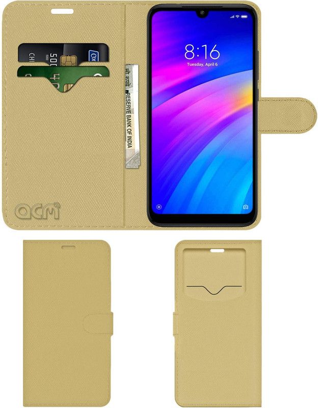 ACM Flip Cover for Xiaomi Redmi 7  (Gold, Cases with Holder, Pack of: 1)
