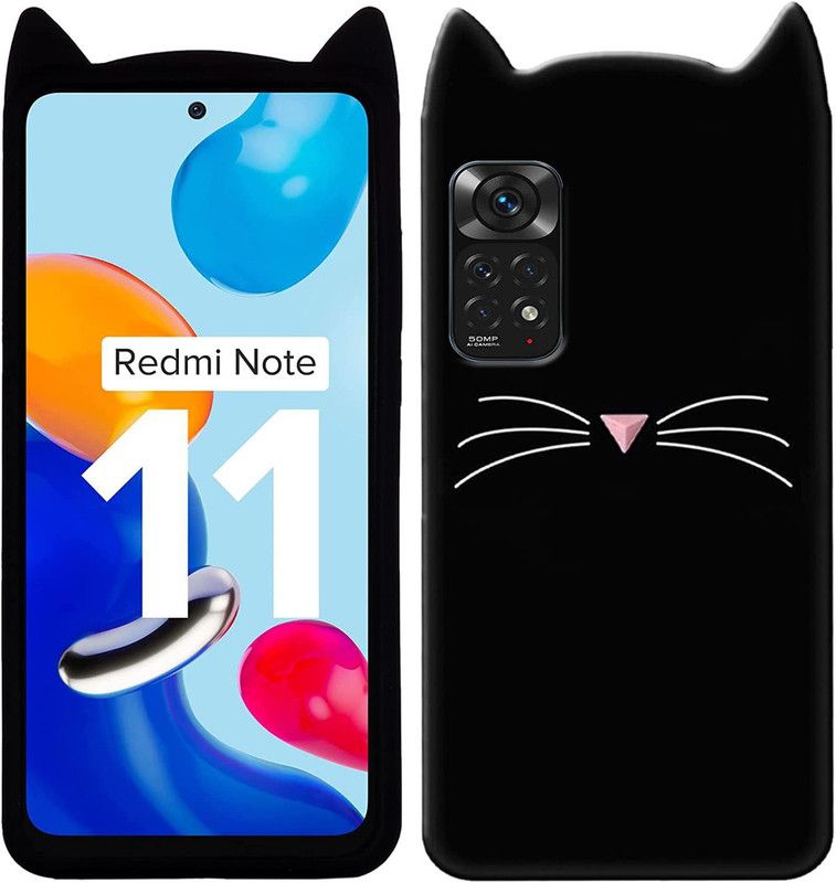 ONCRAVES Back Cover for Xiaomi Redmi Note 11 Ear Cat Case | 3D Cute Mustache Kitty | Cat Back Cover  (Black, Dual Protection, Silicon, Pack of: 1)