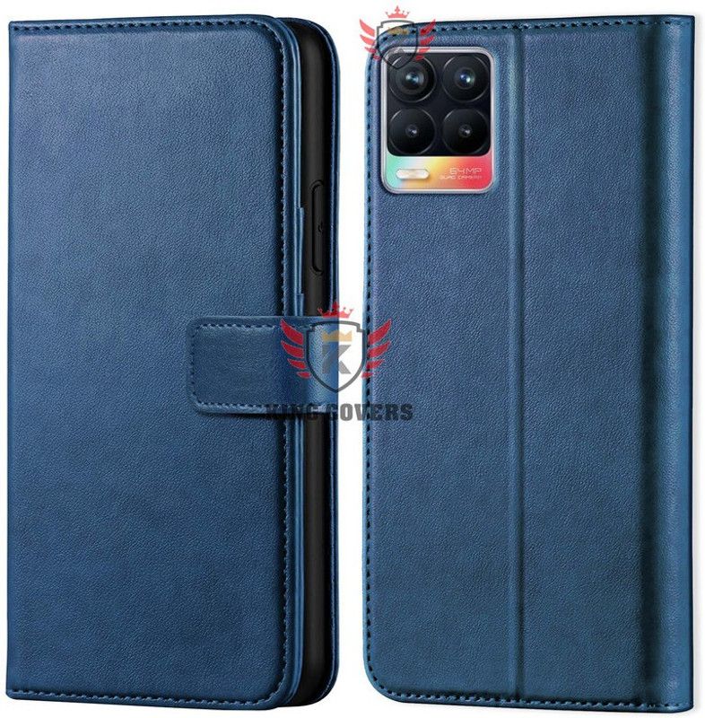 KING COVERS Wallet Case Cover for Realme - 8 | Inside TPU with Card Pockets | Wallet Stand | Magnetic Closure  (Blue, Hard Case)