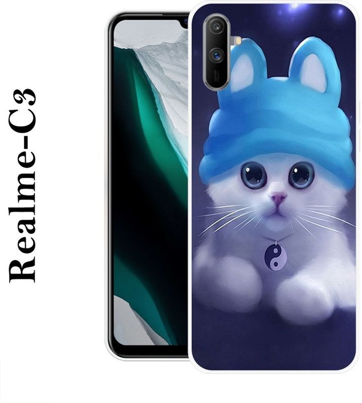 SHIVKUDI Back Cover for Realme C3  (Blue, White, Grip Case, Silicon)