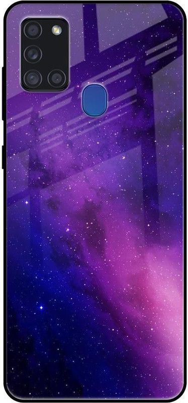 QRIOH Glass Back Cover for Samsung Galaxy A21s  (Purple, Grip Case, Silicon, Pack of: 1)