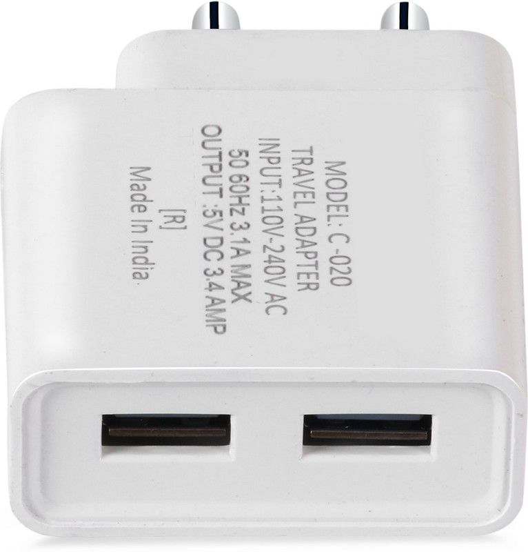 3.4A Double USB Port Auto-detect Technology Compatible with all smart phones 3.4 A Multiport Mobile Charger with Detachable Cable  (White)