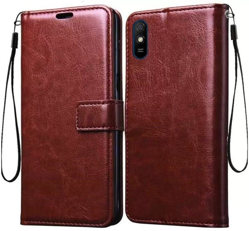 Qcase Flip Cover for Redmi 9A  (Brown, Cases with Holder, Pack of: 1)