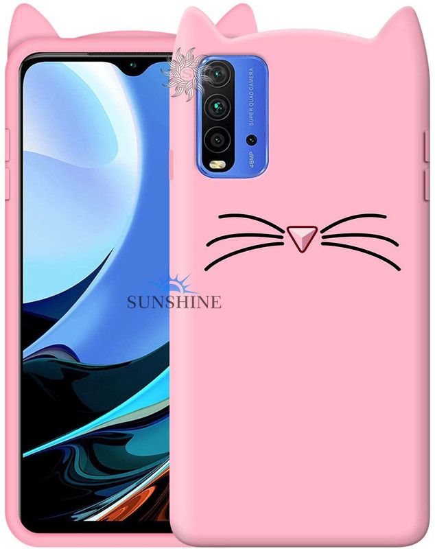 SUNSHINE Back Cover for REDMI-9 POWER Ear Cat Case | 3D Cute Mustache Kitty Doll | Cat Back Cover  (Pink, Flexible, Pack of: 1)