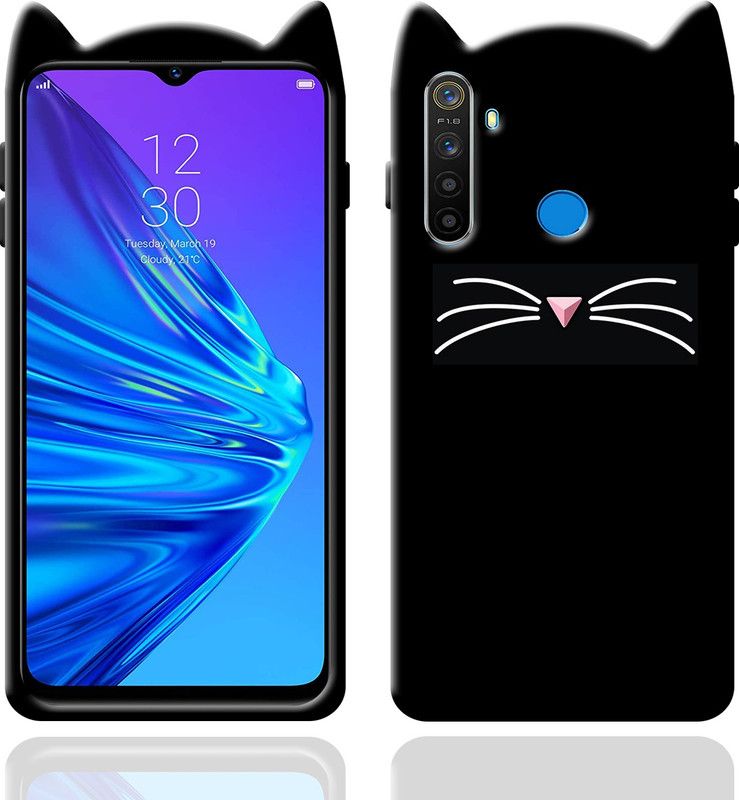 JASSSTORE Back Cover for Realme 5 Mustache Meow Beard Soft Silicone|Flexible Cute 3D Cartoon Cat Ear Kitty  (Black, Flexible, Silicon, Pack of: 1)