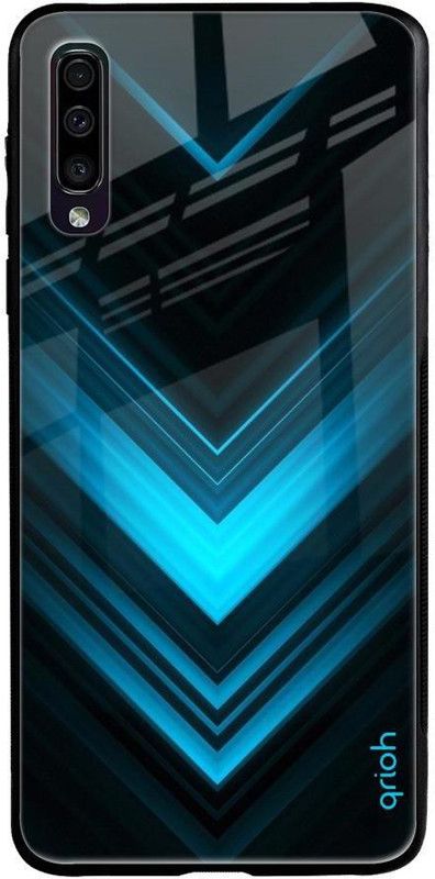 QRIOH Glass Back Cover for Samsung Galaxy A70  (Black, Blue, Grip Case, Silicon, Pack of: 1)