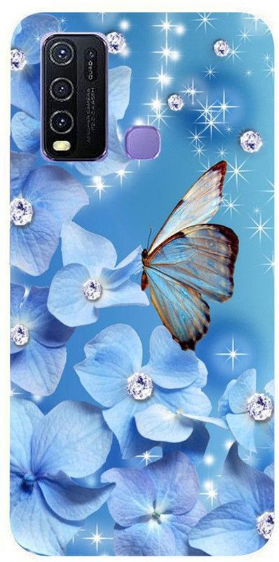 Skyhawk Back Cover for Vivo Y30 Blue Flower And Blue Butterfly  (Multicolor, Waterproof, Silicon, Pack of: 1)
