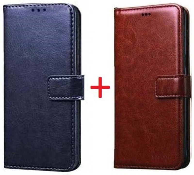 YuniKase Flip Cover for Relme C3  (Blue, Brown, Dual Protection, Pack of: 2)