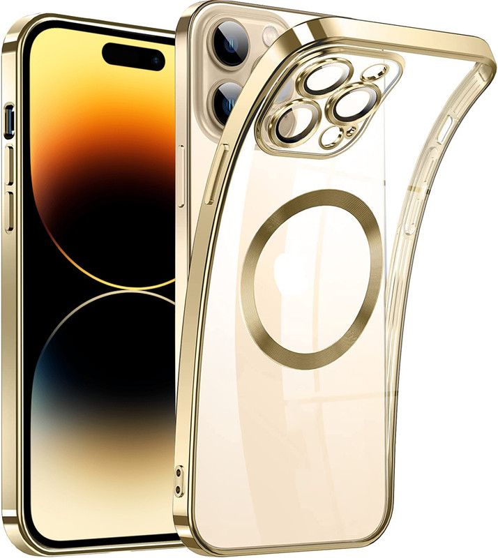vonzee Back Cover for iPhone 14 Pro Max Electro-Plating All-Round Lens Protection Shockproof Full-Body Cover  (Gold, Transparent, Shock Proof, Silicon, Pack of: 1)