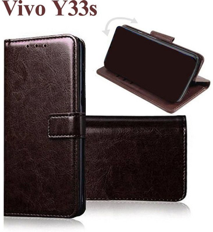 Manobal Flip Cover for Vivo Y33s, Vivo Y21T  (Brown, Camera Bump Protector, Pack of: 1)