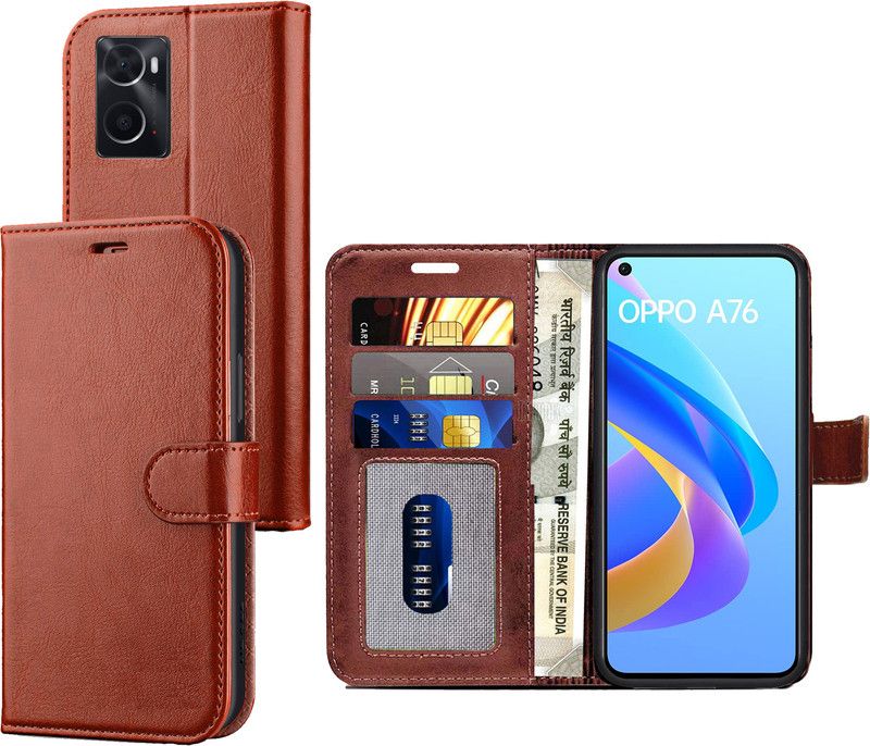 Digilett Wallet Case Cover for OPPO A76  (Brown, Dual Protection, Pack of: 1)