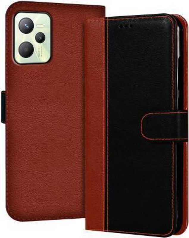 Mycos Flip Cover for Realme C35  (Black, Brown, Camera Bump Protector, Pack of: 1)