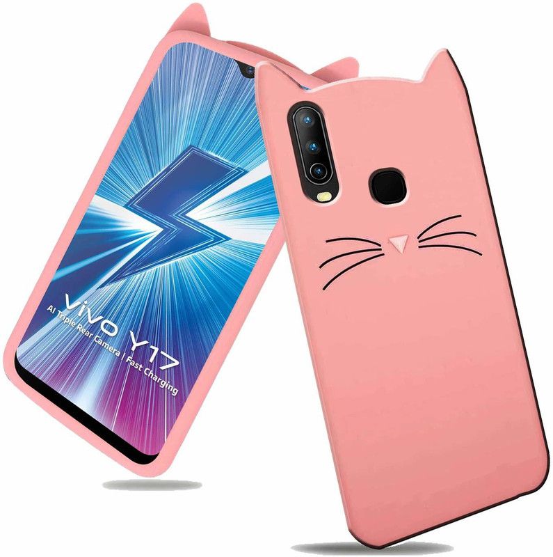 Rance Back Cover for Vivo Y17 - Ear Kitty Case | 3D Cute Doll | Soft Girl Back Cover with Pendant  (Pink, Flexible, Pack of: 1)