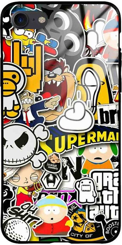 NDCOM Back Cover for iPhone 7 Cartoon Sticker Printed Glass Case  (Multicolor, Grip Case, Pack of: 1)