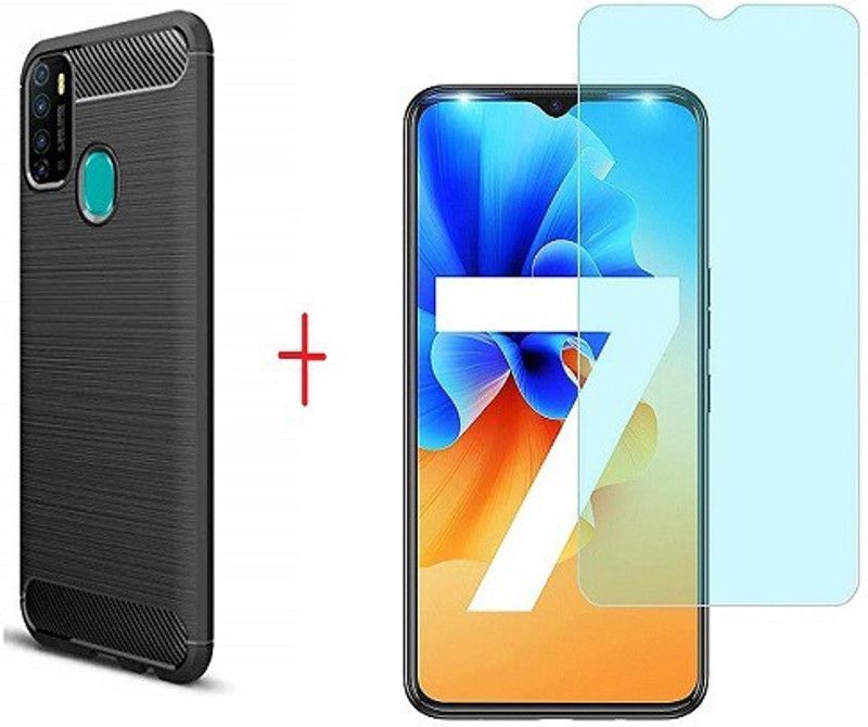 NIMMIKA ENTERPRISES Back Cover for tecno spark 7/spark 7t hybrid back cover & anti blue tempered glass  (Transparent, Black, Blue, Flexible, Pack of: 1)