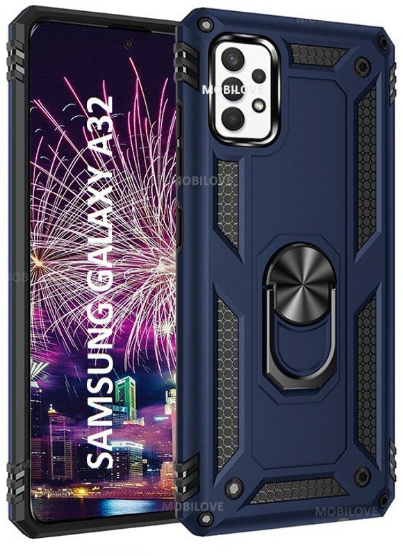 MOBILOVE Back Cover for Samsung Galaxy A32 | Dual Layer Hybrid Armor Defender Case with 360 Degree Metal Ring  (Blue, Rugged Armor, Pack of: 1)