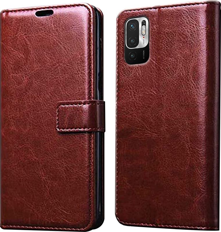 ELEF Flip Cover for Redmi Note 10 T|Inside TPU with Card Pockets|Wallet and Stand|Magnetic Closure  (Brown, Dual Protection, Pack of: 1)