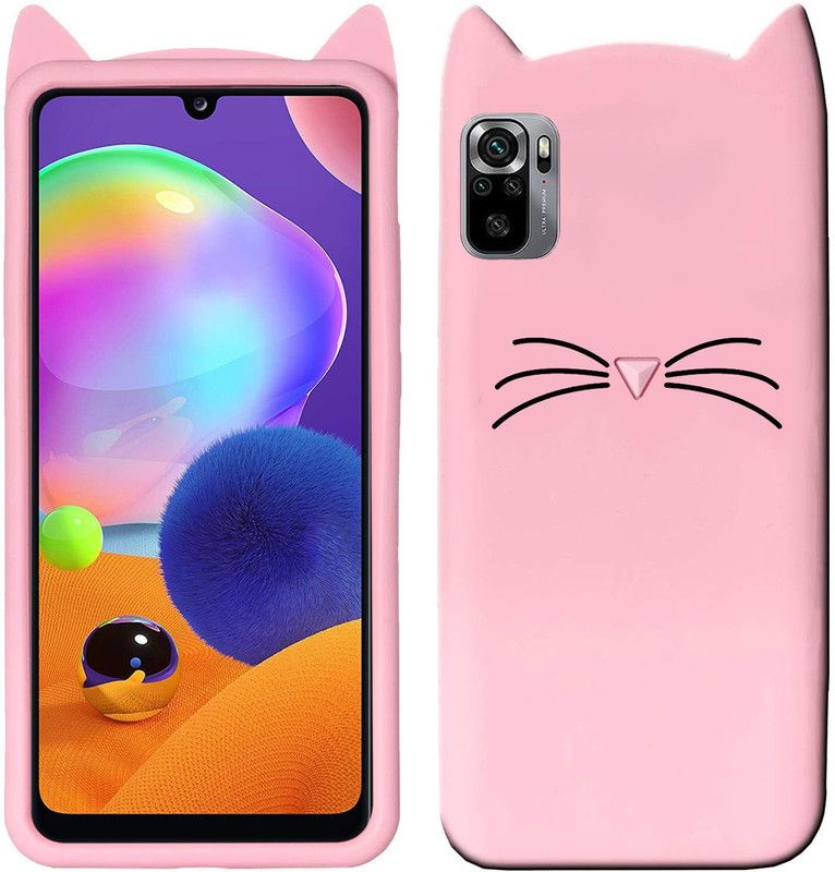 ONCRAVES Back Cover for Xiaomi Redmi Note 10 Ear Cat Case | 3D Cute Mustache Kitty | Cat Back Cover  (Pink, Dual Protection, Silicon, Pack of: 1)