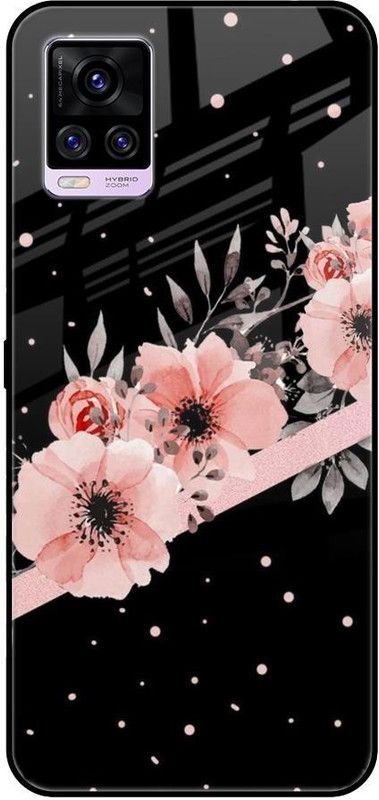 QRIOH Glass Back Cover for Vivo V20  (Black, Pink, Grip Case, Silicon, Pack of: 1)