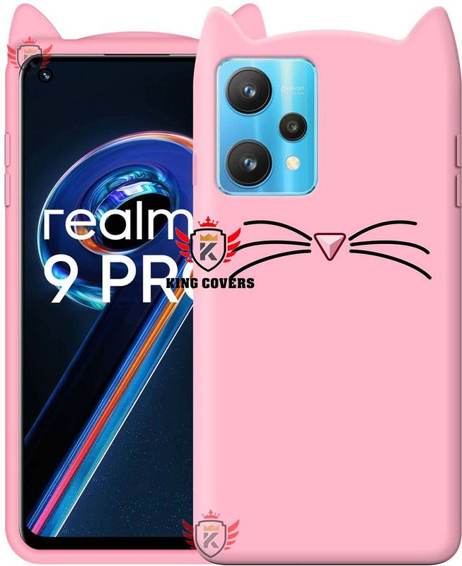 KING COVERS Back Cover for Realme 9 Pro Ear Kitty Case Cover | 3D Cute Cartoon Mustache Ear Cat | Cat Back Cover  (Pink, Flexible, Pack of: 1)
