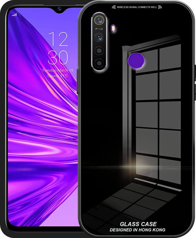 ELEF Back Cover for Realme 5 Pro Luxurious 9H Toughened Mirror Glass Back Case Shockproof TPU Bumper  (Black, Rugged Armor)