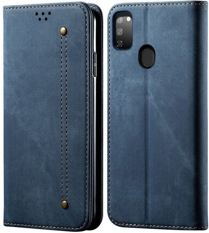 Pure Color Wallet Case Cover for Samsung Galaxy M30s  (Blue, Magnetic Case)