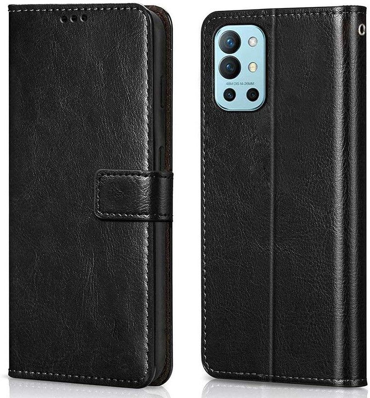 WOW Imagine Flip Cover for 1+ OnePlus 9R (Flexible | Leather Finish | Card Pockets Wallet & Stand |  (Black, Magnetic Case, Pack of: 1)