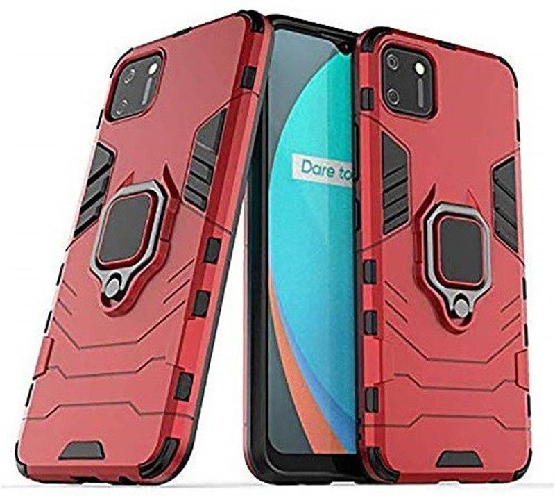 VOSKI Back Cover for Realme C11 Armor Rugged Shockproof with Metal Rotating Ring Case  (Red, Dual Protection, Pack of: 1)